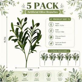 5Pcs 17 Inch Faux Olive Stems with Lifelike Leaves and Olives, Olive Stems for vase,Long Stems for Wedding Bouquet Table Centerpieces Home Decor DIY Floral Craft Arrangements