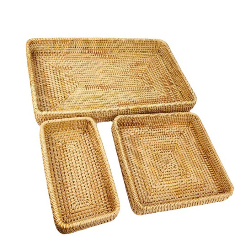Rattan Tray Tabletop Organization Hand Woven Snack Storage Basket Multifunctional