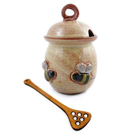 Modern Artisans Bee 20-ounce Stoneware Honey Pot Pottery Jar with Cherry Wood Honey Stick, American Made