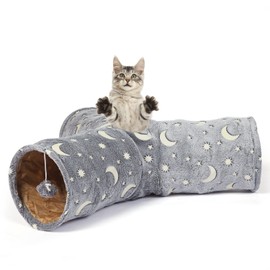 LUCKITTY Cat Tube Tunnel with Plush Ball Toys Collapsible Self-Luminous, for Cat Small Pets Bunny Rabbits, Kittens, Ferrets,Puppy and Dogs Grey Moon Star 3 Way
