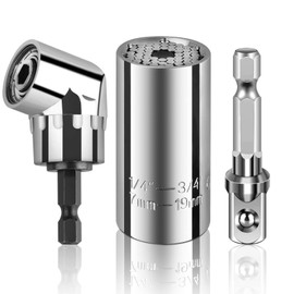 SUNJOYCO Universal Socket Set, 7mm–19mm Self-Adjusting Socket with Power Drill Adapter, 105° Right Angle Drill Attachment for Home Repair, Car Maintenance, DIY Projects