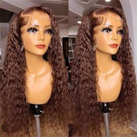 AimeileMiss Brown Curly lace front wigs with Baby Hair Deep Wave Synthetic Glueless Natural Looking Heat Resistant Fiber Wigs for Women 24Inch