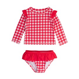 RuffleButts Baby/Toddler Girls Skirted Long Sleeve Rash Guard Bikini UPF50+ Sun Protected Swimsuit - Vintage Red Gingham, 6