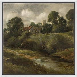 SIGNFORD Framed Canvas Print Wall Art Vintage Classic Countryside Landscape Rolling Hills and Rustic Nature Wilderness Illustrations Rustic Colorful for Living Room, Bedroom, Office - 24"x24" White