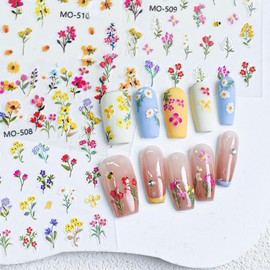 CHANGAR 5D Small Bouquet Floral Nail Art Stickers- Spring Summer Flower Nail Decals ，Flower Bouquet with Leaves & Waterproof Petals Designs，Perfect for Short Long Nail DIY (6 Sheets)