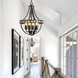 KSRYSZCQ Black Crystal Chandelier 4 Light Farmhouse Dining Room Chandelier High Adjustable Kitchen Island Hallway Foyer Enterway Light Fixture Chandelier