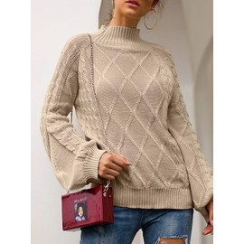 Women's Mock Turtleneck Lantern Sleeve Cable Knit Pullover Sweater Tops Khaki