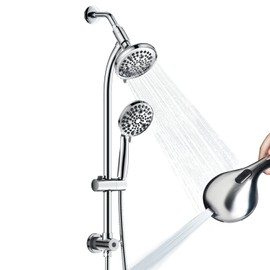 High Pressure Handheld/Rain 82-mode 3-way Shower Head Combo with 25.75" Adjustable Drill-free Stainless Steel Slide Bar, Pet & Tub Power Wash and Anti-clog Nozzles, with 5ft Hose - Polished Chrome
