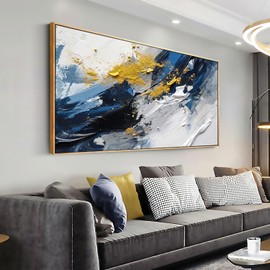 Blue and Yellow Abstract Canvas Wall Art - 20"x40" Neutral Modern Decor for Living Room, Bedroom, Dining Room, or Office - Framed and Ready to Hang