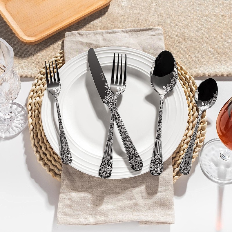 Fivent Floral Damask Rose Black Cutlery Set - 20 pcs