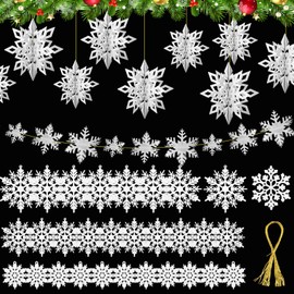 Fullhawl 60 Pcs Large Christmas Hanging Snowflake Decoration Set 24 Pcs 3D Paper Snowflakes Garland Hanging Snowflake 36 Pcs Plastic Glitter Snow Flake Ornament for Winter Christmas Home(White)