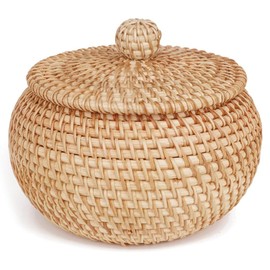 Exogio Round Rattan Basket with Lid, Hand-Woven Rattan Storage Basket with Lid, Needle Wire and Candy Box, Bread Basket, Food, Fruit and Snack Basket for Table Shelf, 15 x 12 cm