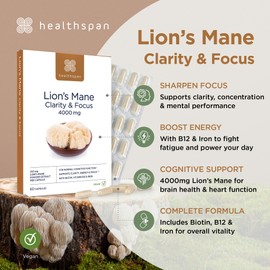 healthspan Healthspan Lion's Mane Clarity & Focus (60 Capsules) | Stay Sharp and Focused | 4000mg Lion's Mane Mushrooms | Supports Energy and Cognitive Function | with biotin, Vitamin B12 and Iron
