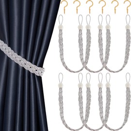 6 Pieces Braided Curtain Tiebacks Rope Belt Curtain Ties and 6 Pieces Hooks Metal Curtain Tieback Hooks for Window Curtain Accessories (Silver)