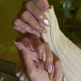 Nude False Nails Glitter, SXVME Cat Eye Press on Nails Short Almond, Sparkly Shiny Fake Nails Natural, Cute Bling Glue on Nails Short Stiletto Stick on Nails for Women Daily Holiday Wear, 30 Pcs