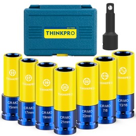 Thinkpro Lug Nut Impact Socket 1/2 inch Drive,8 Pieces Thin Wall Lug Nut Socket Set,Non-Marring Deep Wheel Protector Sockets Metric 15 17 19 21 22 MM & SAE 13/16 7/8 in.