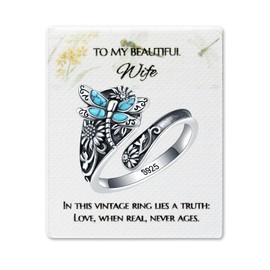 EJALEN S925 Jewelry Gift for Mom/Daughter/Wife/Women Turquoise/Opal/Obsidian/Moonstone Dragonfly/Butterfly/Cross/Sunflower/Compass/Hummingbird/Lotus Vintage Thumb Spoon Adjustable Ring for Wife