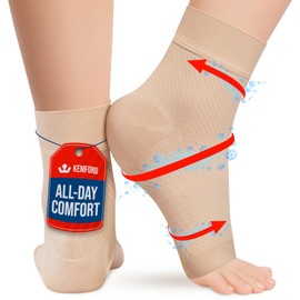 KEMFORD Ankle Compression Sleeve with Cooling Effect - 1-Pair, Plantar Fasciitis Braces - Open Toe Compression Socks for Swelling, Sprain, Neuropathy, Arch Support for Men and Women - L, Arctic Beige