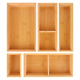 Bxngjuj Bamboo Drawer Organizer,5 PCS Silverware Organizer & Kitchen Organizers and Storage,Utensil Drawer Organizer With Removable Dividers for Kitchen,Utensils,Bathroom,Office,Makeup(Natural)