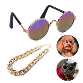 Cat and Dog Sunglasses Gold Chain Two-Piece Set, Pet Sunglasses, Retro Classic Pet Glasses, Adjustable Pet Chain, Photo Prop, for Kittens and Puppy (Colorful)