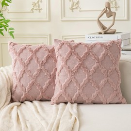 Cozoomy Set of 2 Soft Moroccan Throw Pillow Covers 18x18 Inch Plush Boho Decorative Pillow Cover Accent Cushion Case for Couch Sofa Bed, Pink