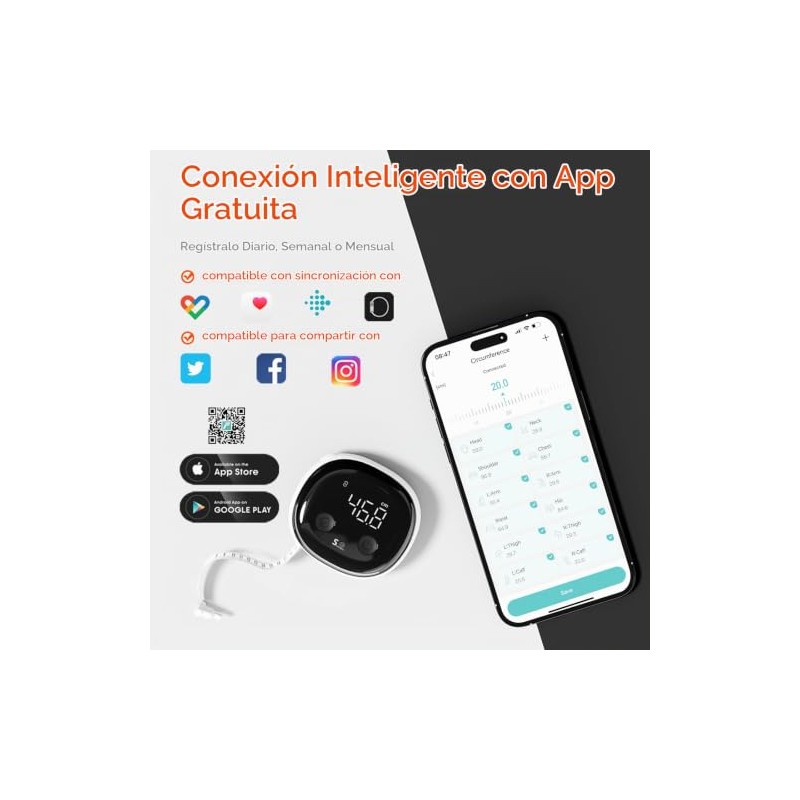 Fitdays - Cinta métrica inteligente para cuerpo, herramienta Bluetooth para