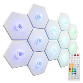 HYCHINS 12 Pack RGB Light Sound Proof Foam Panels for Walls with Self-adhesive Hexagon Acoustic Panels for Music Rhythm Mode, High density Acoustic Wall Panels for Bedroom, Game Room Decor Gifts White