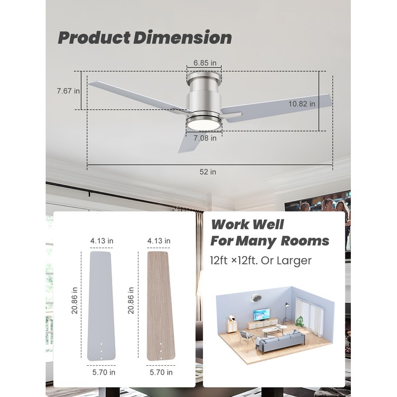 CJOY Ceiling Fan with Lights, 52 Inch Low Profile Ceiling