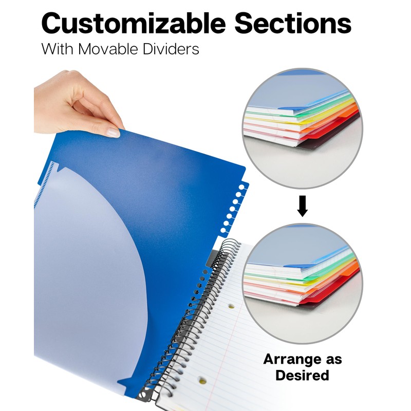 Dunwell 5-Subject Notebook, College Ruled, Colorful Movable Pocket Dividers with