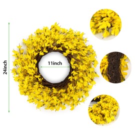 24 Inch Yellow Forsythia Wreath Fall Front Door Wreath Blossom Cluster Flower Farmhouse Wreath on Grapevine for Festival Celebration Front Door Wall Window Decoration Home Christmas Décor