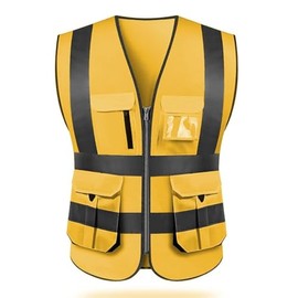ZUJA Safety Vest work High visibility reflectivemulti pockets workwear waistcoat, Gold, 3X-Large