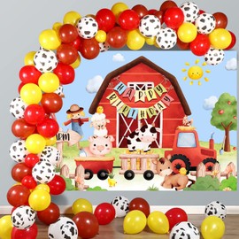 AIIKES 6x4FT Red Barn Gate Farm Backdrop Cartoon Farm Animal Birthday Happy Backdrop Farm Theme Party Decoration Backdrop XY56
