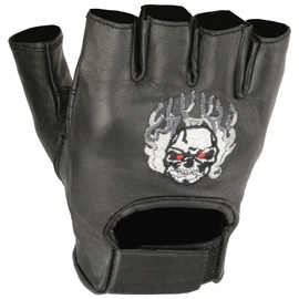 Shaf International Fingerless Leather Gloves with Fire Skull Embroidery (Black, Medium)