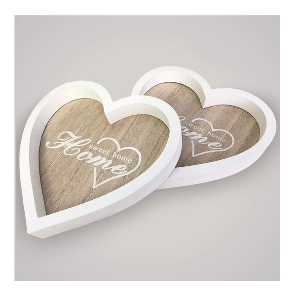 Rayline Home Heart Wooden Tray Decoration Home Sweet Home Set of 2 Heart Trays Made of Wood – Decoration for Home, Apartment, Living Room, Kitchen etc. in Country House Style – Colour: White/Beech