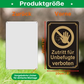 Zutritt Für Unbefugte Verboten Signs, 30 x 20 cm, Zutritt Verboten Signs, Metal Aluminium Betreten Verboten Signs, with UV Protection, Pack of 2