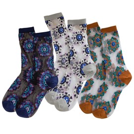 Womens Summer Sheer Socks Mesh Cute Floral Dress Sock Transparent Nylon See Through Stockings 3 Pairs Floral/Vintage