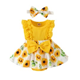 Dubute Newborn Baby Girl Romper Dress Ruffle Sleeve Jumpsuit + Bow Headband Infant 2 Piece Flower Bodysuit (A-Yellow, 3-6 Months)