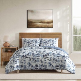 Eddie Bauer - Full/Queen Comforter Set, Super Soft Reversible Bedding with Matching Shams, Buffalo Check Reverse, Rustic Inspired Room Essentials (Vintage Forest Toile Blue, Full/Queen)