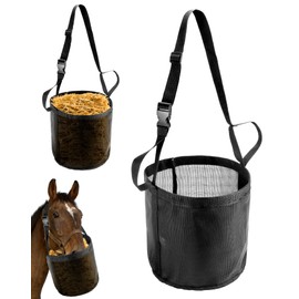 QWORK 2 Pack Horse Feed Bag for Grain - Durable Mesh Grain Feeder with Adjustable Strap, Comfortable Neck and Nose Pad Horse Muzzle Feed Bag, for Feeding Grain, Powder, Supplements