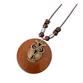 KIFEDSLJ Wooden Pendant Necklace with Owl Leaf Elephant Flower Handmade Vintage Bronze Leaf Long Leather Chain Sweater Necklace for Women-owl