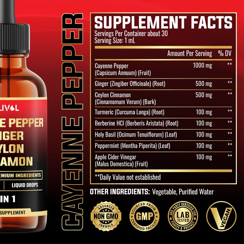 MILIVOL 8in1 Cayenne Pepper Liquid Drops with Ginger, Ceylon Cinnamon,