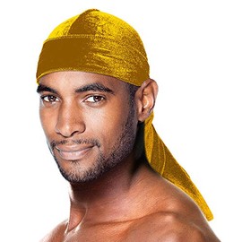 Durag - Velvet Long Tail 360/540/720 Wave - Premium Soft Quality Fabric, Coconut Oil Treated Stretchable Headwraps, Headtie, Headwear for Men and Women (Gold - 1 pack)