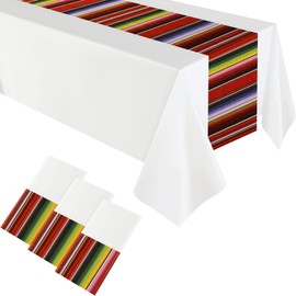 Oudain 4 Pcs Fiesta Tablecloth 108 x 54 Inch Plastic Tablecover Waterproof Mexican Tablecloth Mexican Striped Table Cover for Taco Night Festive Fiesta Wedding (White)
