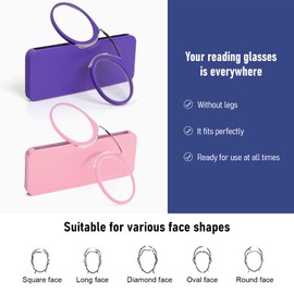 DXYXYO Mini Armless Reading Glasses Clip on Nose for Men Women 2 Pack Thin Compact Readers with Small Portable Case, 1.0 Pink and Purple