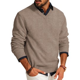 PJ PAUL JONES Sweater for Men V Neck Wool Blend Pullover Sweater Casual Lightweight Long Sleeve Pullover Regular Fit Camel M