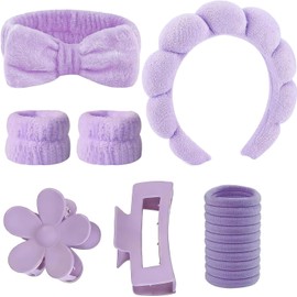 Set de 16 Piezas con Diademas Skincare para Mujer y Accesorios (Morado)