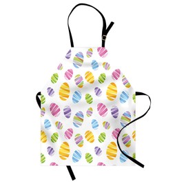 Lunarable Easter Apron, Ribbon Pattern Ornamental Egg Shape Design Colorful Illustration Geometric Seasonal, Unisex Kitchen Bib with Adjustable Neck for Cooking Gardening, Adult Size, Multicolor