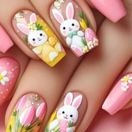 24 Pcs Easter Coffin Press on Nails - ASABITE Medium Length Fake Nails with Cute Bunny Pattern Designs Spring Floral Nails Acrylic Nail Press Ons Reusable False Nails Easter Coffin Nails for Women