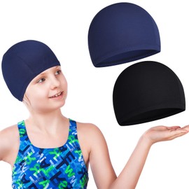 2 Pieces Swim Cap for Kids Waterproof Swimming Hat Swimming Caps Unisex Bathing Caps for Long and Short Hair Swimming Cap for Boys and Girls Children (Black, Haze Blue, Solid Pattern)