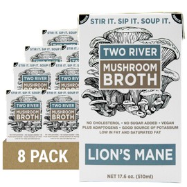 Two River Lion's Mane Mushroom Broth made with organic Lion's Mane and Shiitake Mushrooms, vegan plus adaptogens, perfect for sipping and souping, 510ml (Pack of 8)